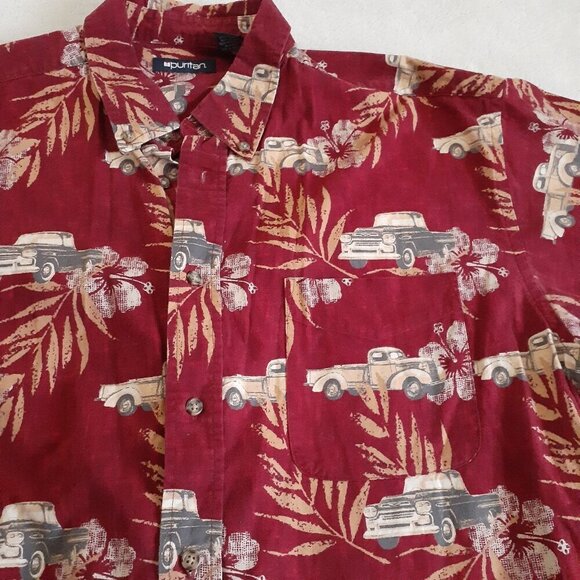 Puritan Vintage Men's Size XL Dark Red Hawaiian Antique Truck Button Down Shirt - Picture 5 of 11